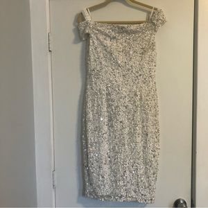 Adrianna Papell White off shoulder sequin dress silver sequins size 8 AS IS